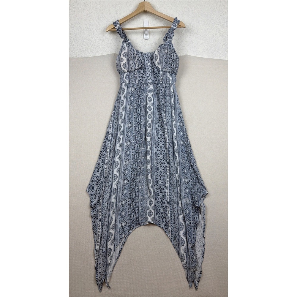 Derek Heart Womens Boho Blue Handkerchief Hem Midi Dress Size S Western Festival